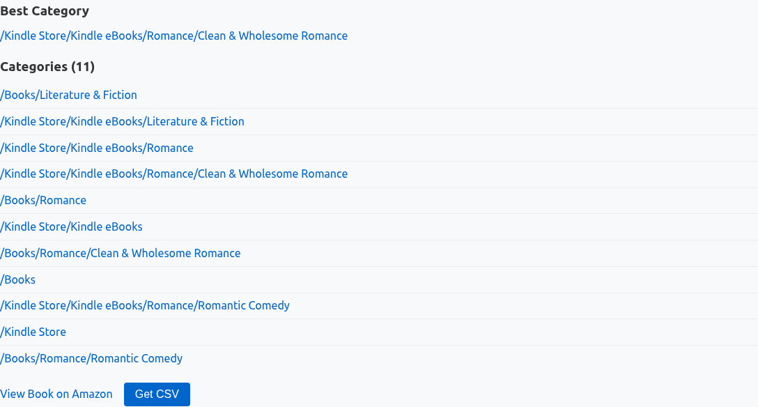 ASIN Search results showing the best category and a list of all categories with links